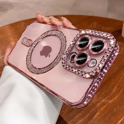Fashion Girl Pink Crystal Glitter Transparent Magnetic Case For iPhone 16 15 11 12 13 14 Pro Max Wireless Charging Diamond Cover