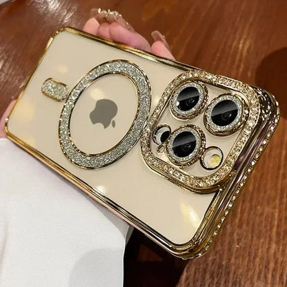 Fashion Girl Pink Crystal Glitter Transparent Magnetic Case For iPhone 16 15 11 12 13 14 Pro Max Wireless Charging Diamond Cover